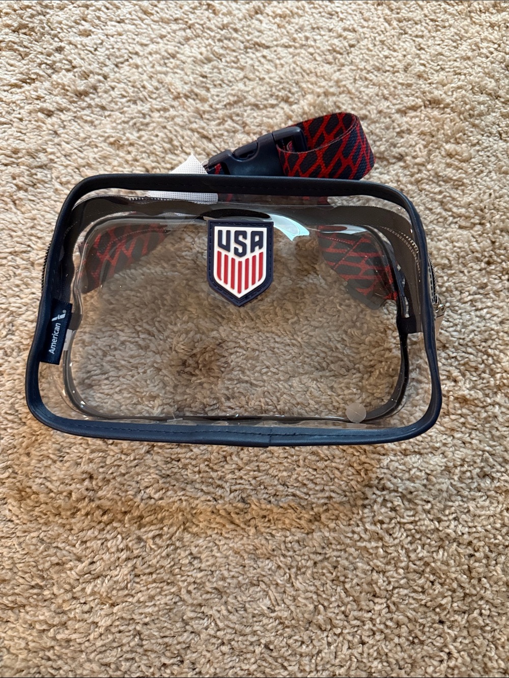 Clear USA Patch Crossbody Bag with Navy Trim and Red Strap - American Airlines